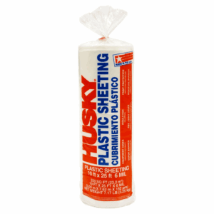 Husky plastic sheeting roll labeled with product details.