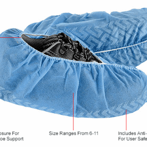 Protective shoe cover with elastic closure and anti-slip strips.