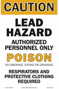 Caution sign for lead hazard; protective clothing required.