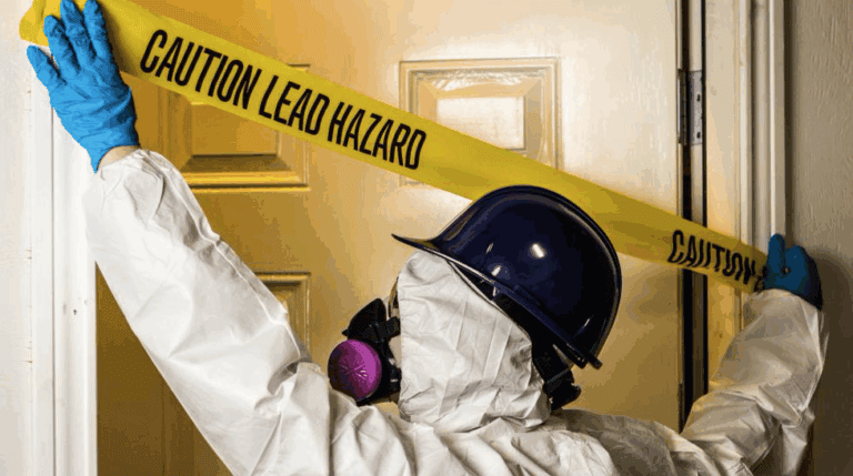 Worker sealing door with caution tape for lead hazard.