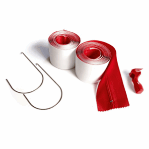 Ski climbing skins with hooks and scraper.