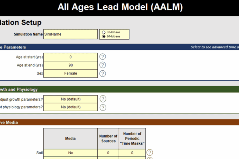 Simulation setup interface for All Ages Lead Model.
