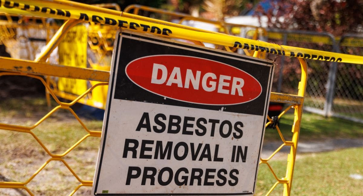 Danger sign for asbestos removal area.