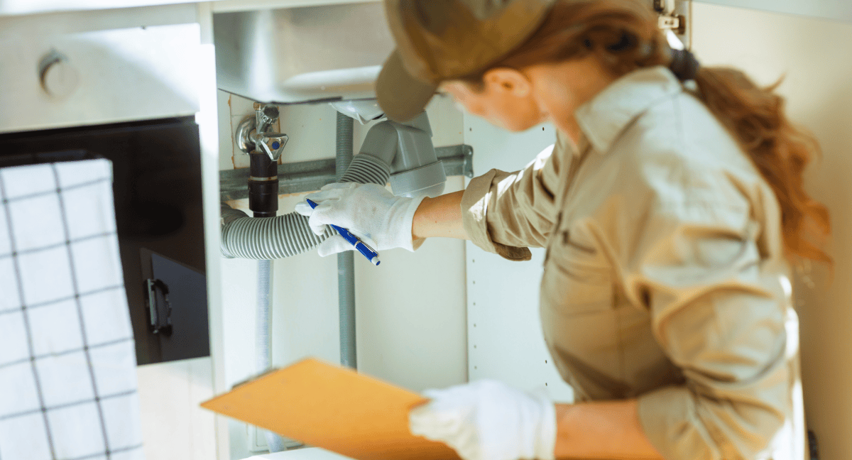 Technician inspecting under-sink pipes with clipboard.