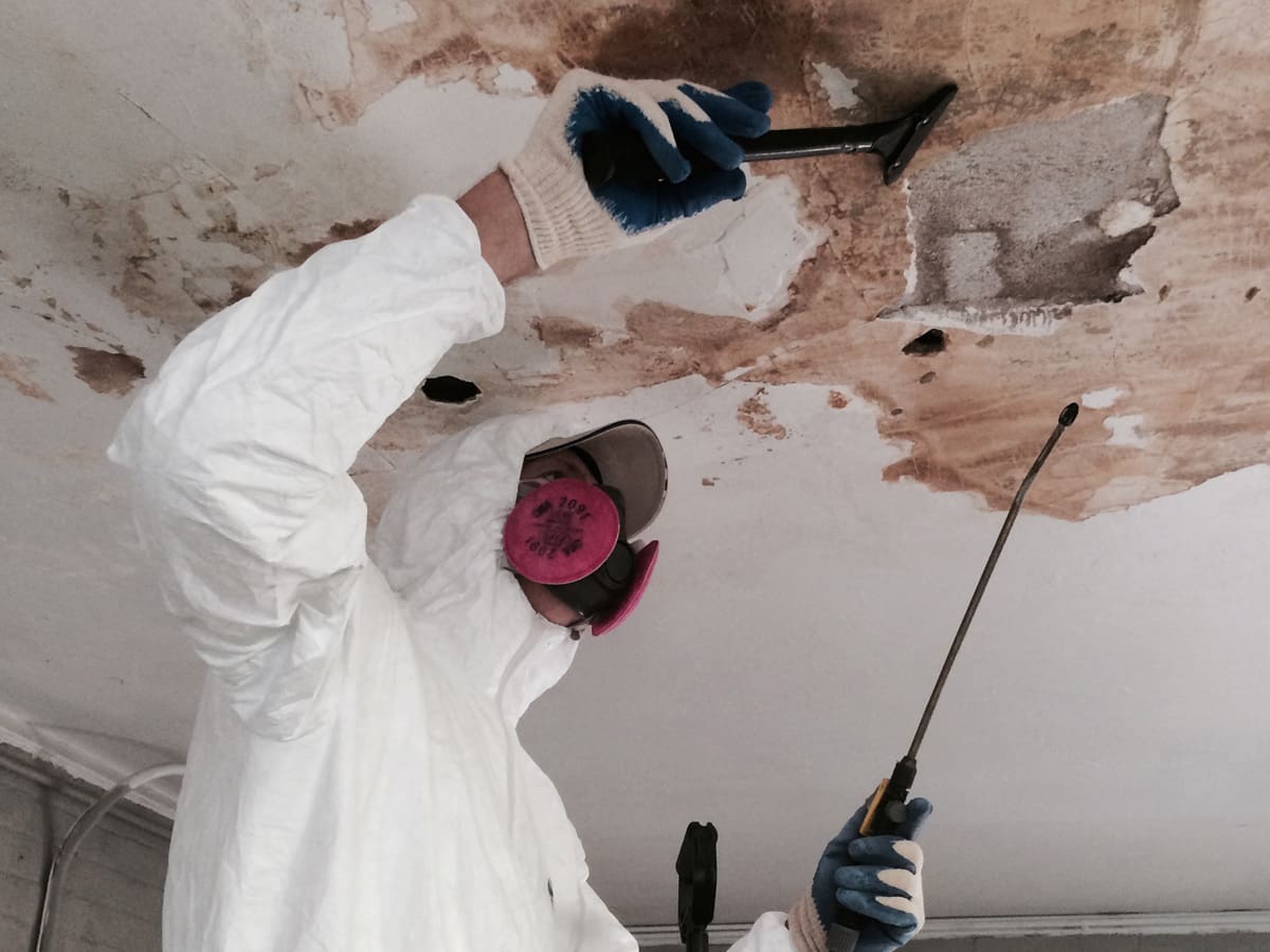 Worker in protective gear removing ceiling mold.