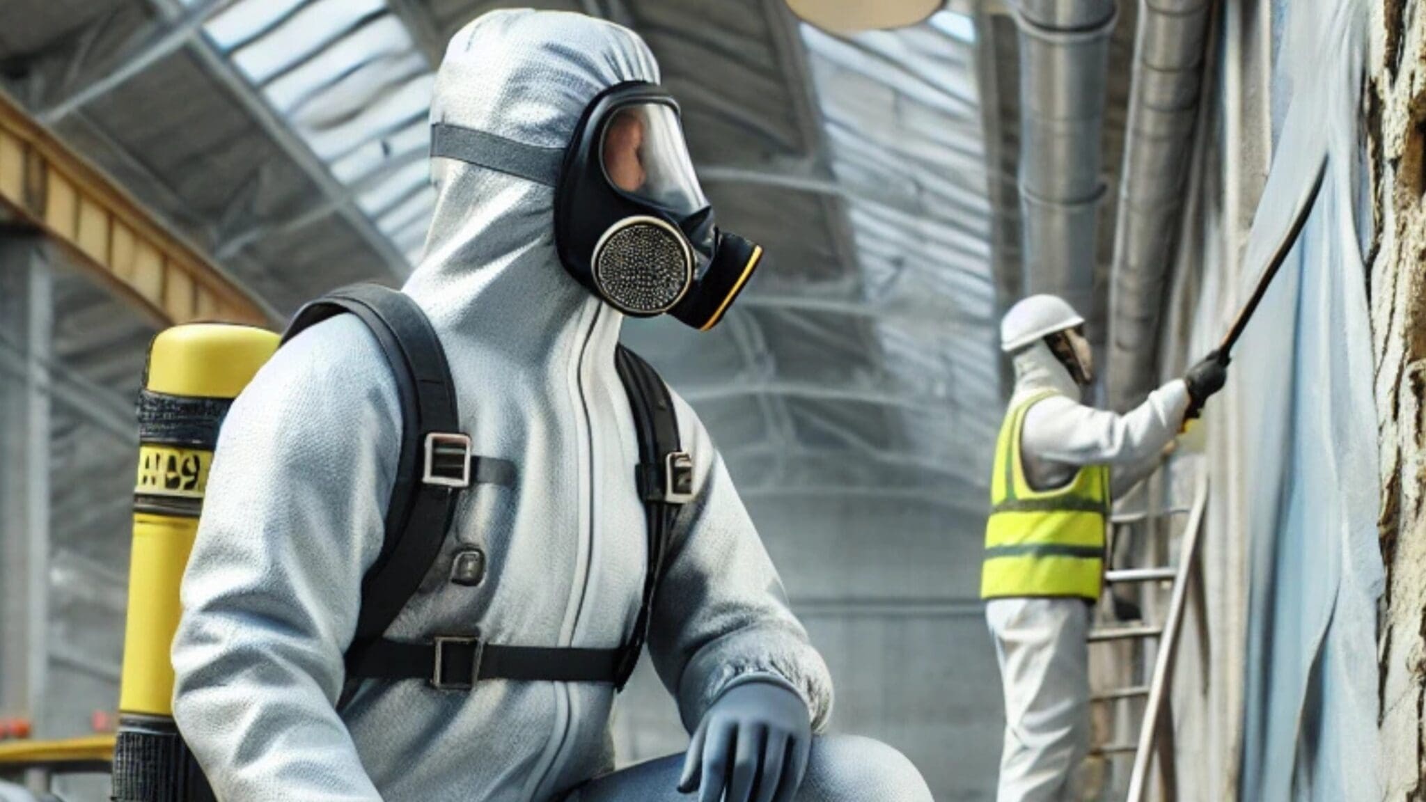 Workers in protective gear performing asbestos removal.